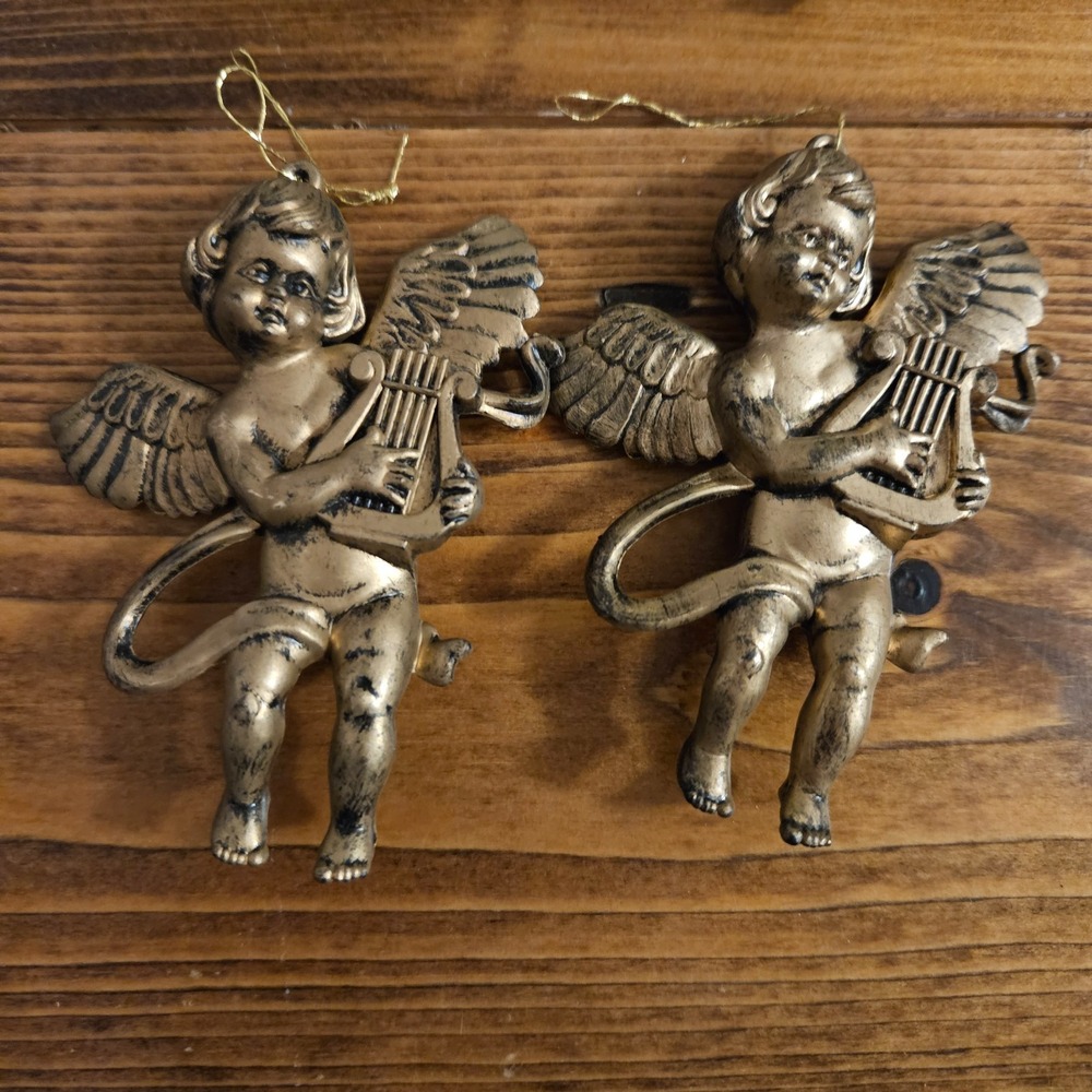 Vintage Cherub Angel Ornaments Set of 6 Gold Tone Musical Angels Christmas - Picture 4 of 7
